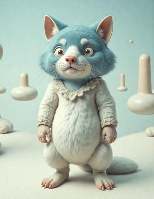 The primary subject of the image is a blue and white cat, which is the main focus of the scene. The cat is standing in a white and blue environment, which appears to be a digital art or illustration. The visual style of the image is a combination of photo and digital art, creating a unique and eye-catching scene. The dominant colors in the image are blue and white, giving the cat a distinct and appealing appearance.